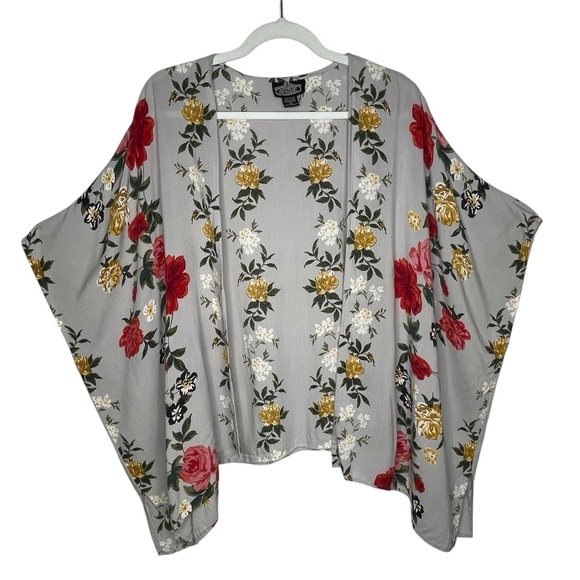 Angie Gray Red  Yellow Roses Rayon Kimono  Boho Festival SZ S - Picture 1 of 12